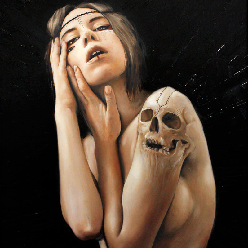 A surreal painting by Charmaine Olivia shows a person with short hair, eyes half-closed, cradling a skull on their shoulder. Their hand softly touches their face. This oil on wood piece has a dark background that accentuates the dramatic pose and expressive features.