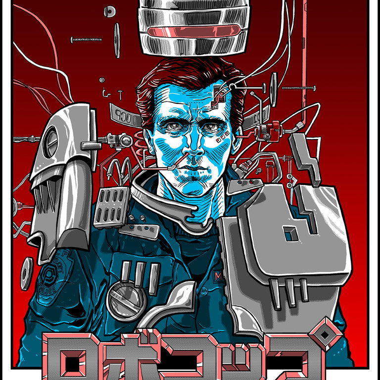 A futuristic cyborg with a human face and robotic body is surrounded by mechanical parts on a red and blue background with Japanese text. This Tim Doyle piece is printed on pearlescent paper, with event details at the bottom.