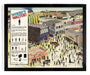 This vibrant street scene print, reminiscent of Max Daltons style, features numerous people in detail. A box on the left lists Wheres Walter? items to find, and various shops alongside the diner Steak Eat Steak complete this lively giclee art piece.