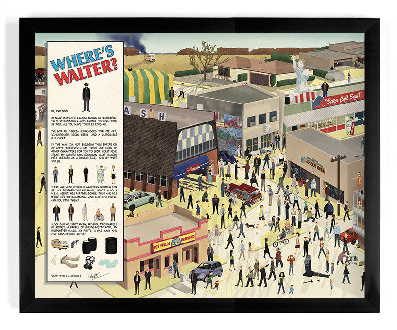 This vibrant street scene print, reminiscent of Max Daltons style, features numerous people in detail. A box on the left lists Wheres Walter? items to find, and various shops alongside the diner Steak Eat Steak complete this lively giclee art piece.