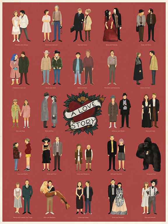 Max Daltons fine art giclee print illustrates iconic romantic movie couples in classic outfits on a red background, centered by a heart with a A Love Story banner, capturing timeless cinematic romance.