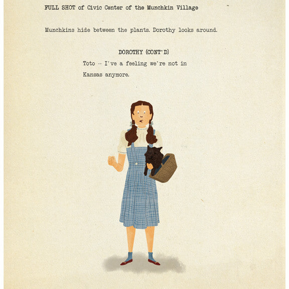 Max Daltons custom-framed illustration shows a girl with a small dog on a script page, featuring the FULL SHOT of Civic Center of the Munchkin Village and the famous Kansas line, available as a fine art giclee print.