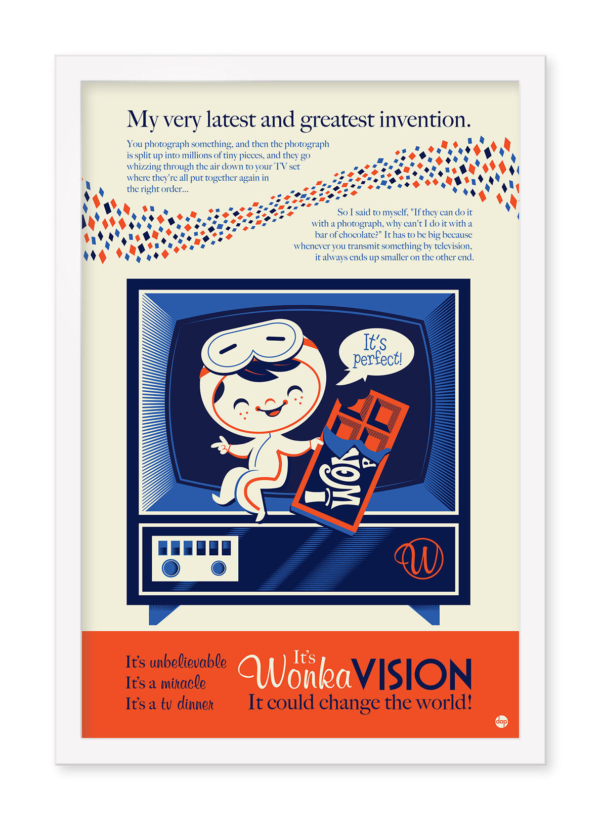 Dave Perillos retro-inspired screen print poster showcases a whimsical scene: a baby on a TV holding a chocolate bar. Titled WonkaVision, its praised as unbelievable and a miracle, promising to change the world.