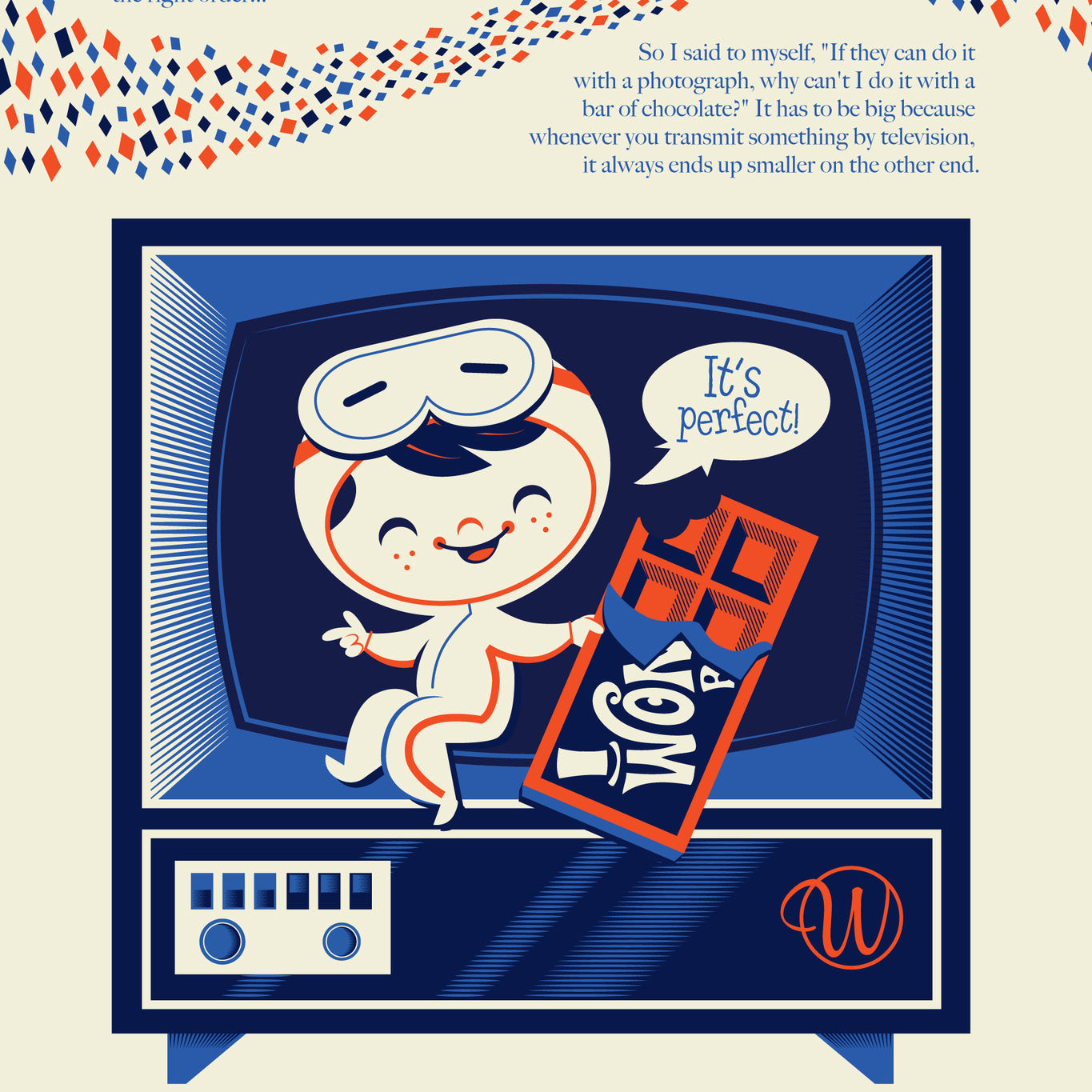A retro-style screen print by Dave Perillo showcases a cute character on a TV with a Wonka chocolate bar and vibrant text about WonkaVision. The colorful design is accented in red, blue, and white.