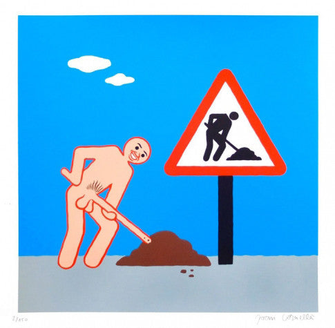 A cartoon figure digs with a red stick, forming a dirt pile, while a traffic sign shows the same image. Against a blue sky with clouds, this scene reflects Joan Cornellàs distinct style and would make an eye-catching custom framed screen print.