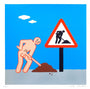 A cartoon figure digs with a red stick, forming a dirt pile, while a traffic sign shows the same image. Against a blue sky with clouds, this scene reflects Joan Cornellàs distinct style and would make an eye-catching custom framed screen print.