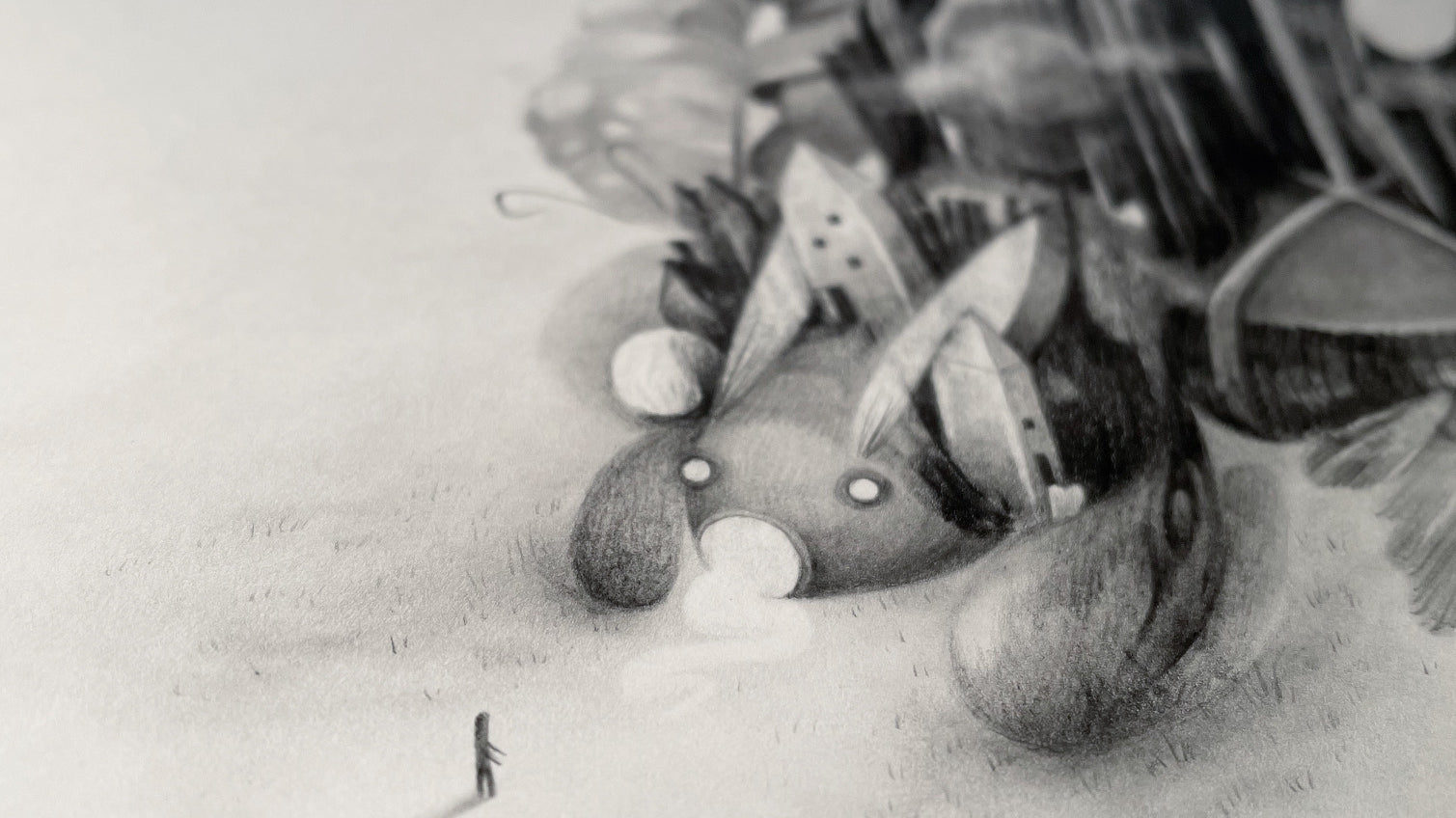 detail photo of a black and white illustration on paper by JP Neang