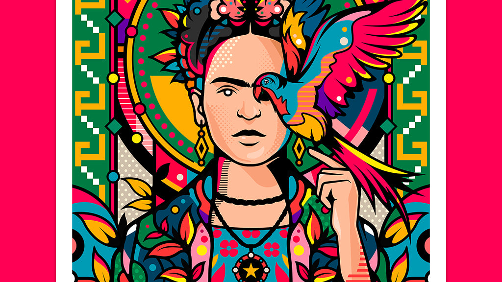 Frida Kahlo portrait in pop colors with left arm raised with parrot balancing on finger on colorful geometric background