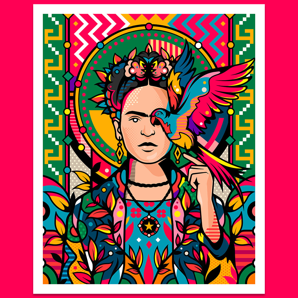 Frida Kahlo portrait in pop colors with left arm raised with parrot balancing on finger on colorful geometric background