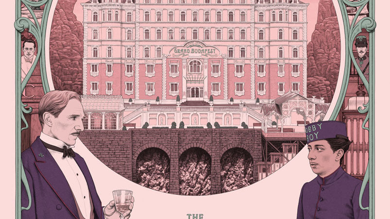 Illustration of the Grand Budapest Hotel by Rory Kurtz featuring pink elements from the film.