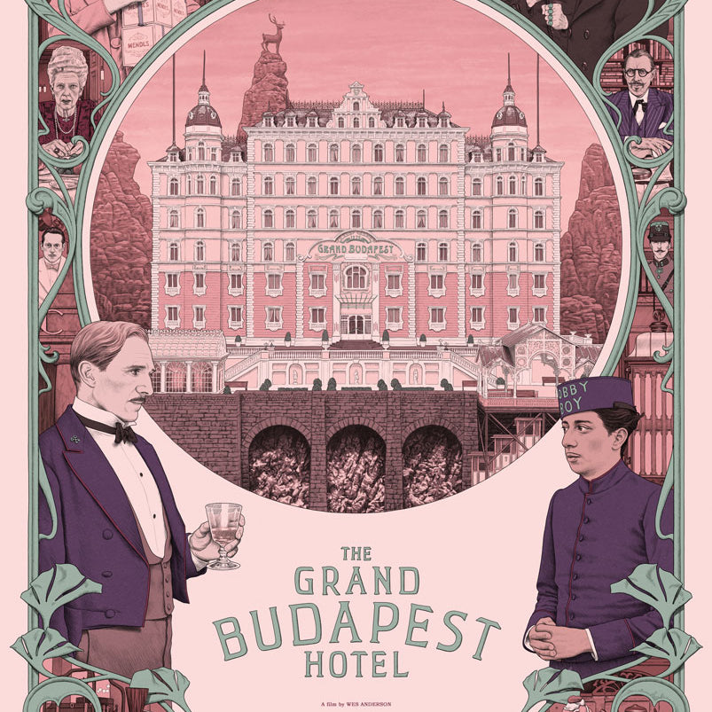 Illustration of the Grand Budapest Hotel by Rory Kurtz featuring pink elements from the film.