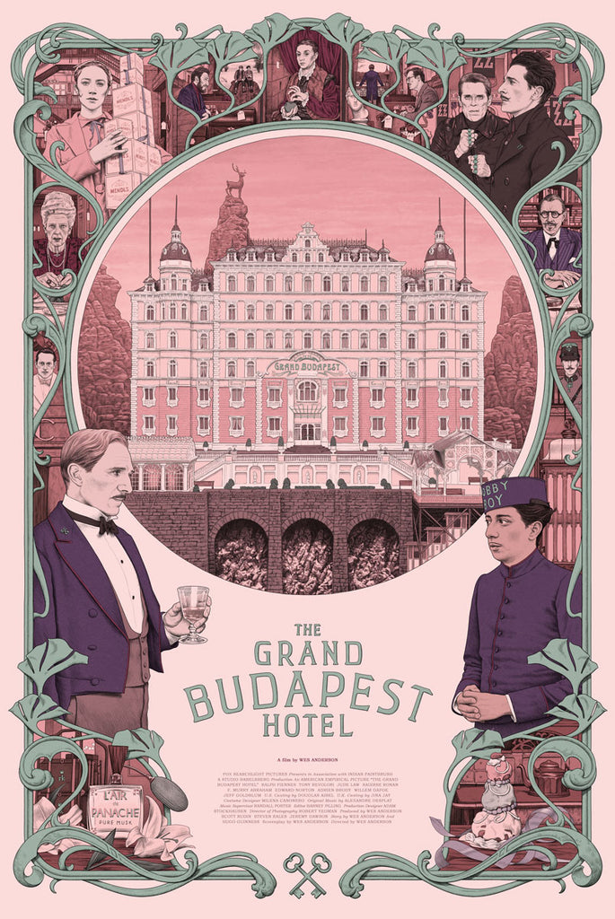 Illustration of the Grand Budapest Hotel by Rory Kurtz featuring pink elements from the film.