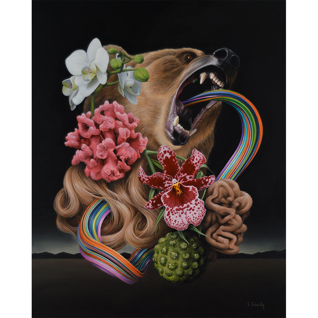 bear with mouth open, rainbow spilling out and connecting to clump of human hair, an orchid and coral