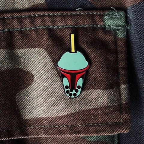 enamel pin by Yesterdays featuring Boba Fett as a boba drink.