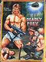 A hand-painted oil and enamel action movie poster for Deadly Prey shows a muscular man with a large gun in torn shorts, another crouching with a knife, and a helicopter spotlighting them at night. Brand: Deadly Prey.