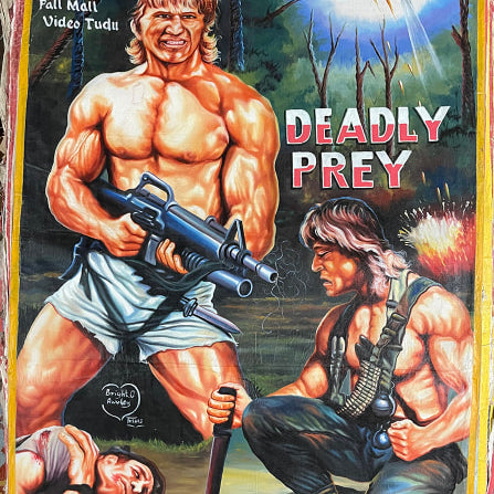 A hand-painted oil and enamel action movie poster for Deadly Prey shows a muscular man with a large gun in torn shorts, another crouching with a knife, and a helicopter spotlighting them at night. Brand: Deadly Prey.
