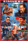 A vividly illustrated Deadly Prey action-horror movie poster titled “SINNERS,” styled like an oil and enamel painting, features armed men, a helicopter, lightning, tombstones, skeletons, and gruesome zombies in a graveyard under a stormy sky.