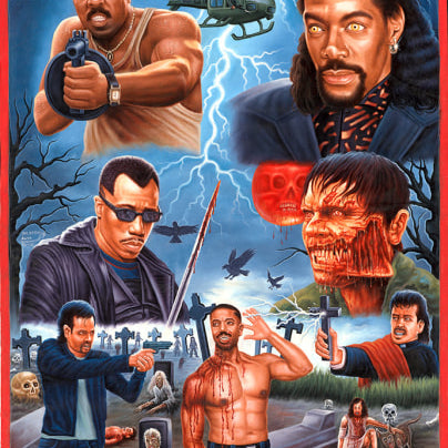 A vividly illustrated Deadly Prey action-horror movie poster titled “SINNERS,” styled like an oil and enamel painting, features armed men, a helicopter, lightning, tombstones, skeletons, and gruesome zombies in a graveyard under a stormy sky.