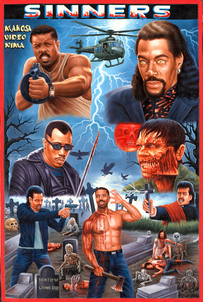 A vividly illustrated Deadly Prey action-horror movie poster titled “SINNERS,” styled like an oil and enamel painting, features armed men, a helicopter, lightning, tombstones, skeletons, and gruesome zombies in a graveyard under a stormy sky.