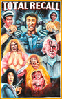 A colorful, dramatic Deadly Prey Total Recall painting in Farkira style shows intense characters—a man screaming with a futuristic device on his head, bloodied figures, a woman with a gun, and a baby emerging from a man's stomach.