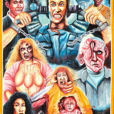 A colorful, dramatic Deadly Prey Total Recall painting in Farkira style shows intense characters—a man screaming with a futuristic device on his head, bloodied figures, a woman with a gun, and a baby emerging from a man's stomach.