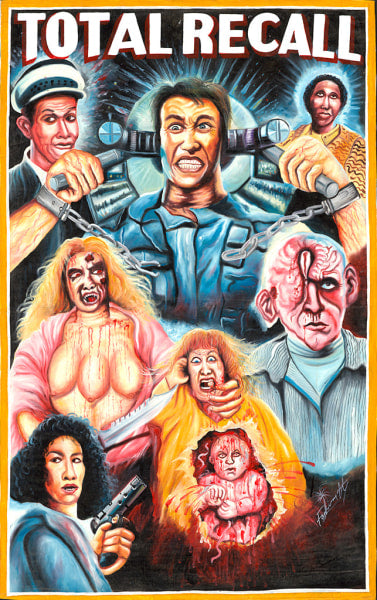 A colorful, dramatic Deadly Prey Total Recall painting in Farkira style shows intense characters—a man screaming with a futuristic device on his head, bloodied figures, a woman with a gun, and a baby emerging from a man's stomach.