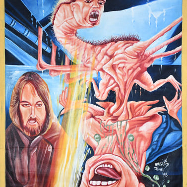 Deadly Prey hand-painted oil and enamel movie poster for The Thing shows a monster attacking a screaming man, with another in a coat watching. Text reads THE THING, Stoger The Thing, and Peace Video Club. Deadly Prey exhibition style.