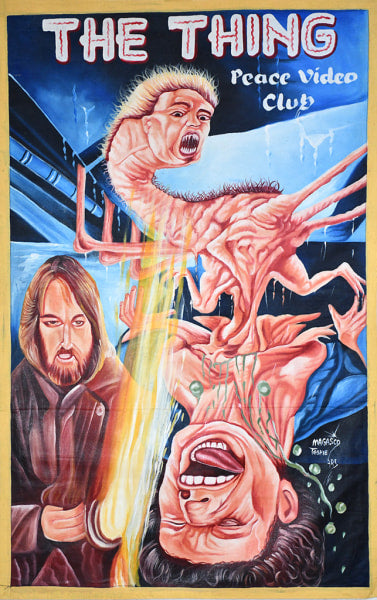 Deadly Prey hand-painted oil and enamel movie poster for The Thing shows a monster attacking a screaming man, with another in a coat watching. Text reads THE THING, Stoger The Thing, and Peace Video Club. Deadly Prey exhibition style.