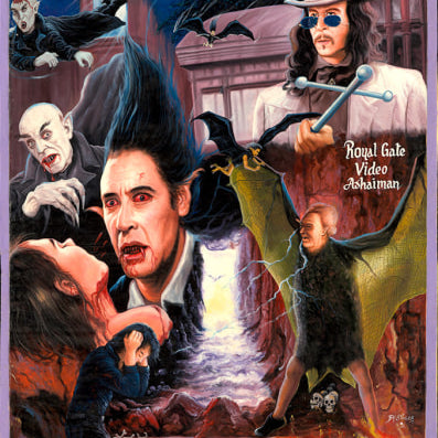 Vivid Deadly Prey movie poster for Dracula with dramatic vampires, fangs, bats, lightning, and a dark castle—evoking gothic horror and classic Stoger-inspired artwork. Ideal for any collection or exhibition.