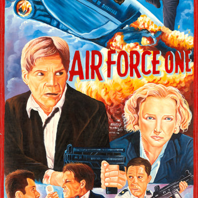 Deadly Prey’s colorful, hand-painted Air Force One oil and enamel artwork features an exploding plane, bold red title text, action scenes, portraits of Harrison Ford and Glenn Close, armed men, and a “Peace Video Club” logo.