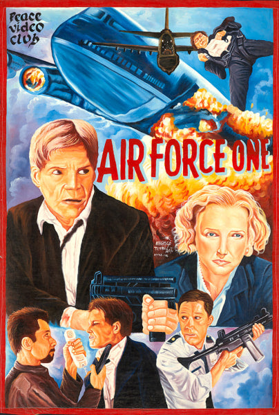 Deadly Prey’s colorful, hand-painted Air Force One oil and enamel artwork features an exploding plane, bold red title text, action scenes, portraits of Harrison Ford and Glenn Close, armed men, and a “Peace Video Club” logo.