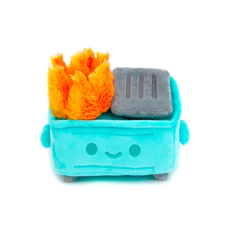 A cute 100% Soft Dumpster Fire plushie shaped like a blue dumpster with a smiling face, bright orange plush flames, and a gray lid on top.