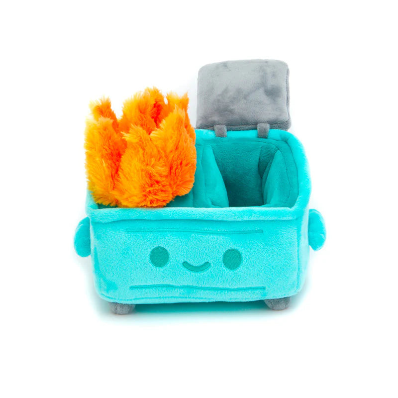 A whimsical blue Dumpster Fire plushie by 100% Soft, featuring a cheerful smiling face, an open lid, and vibrant orange and yellow plush flames emerging from the top—all set against a white background. This fun Dumpster Fire plush also includes a secret compartment for hiding small treasures.