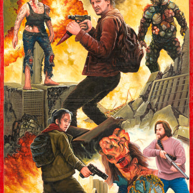 A striking Deadly Prey poster for The Last of Us shows armed characters battling monsters amid burning buildings and rubble, with explosions and chaos that capture the intense energy of a Deadly Prey exhibition.