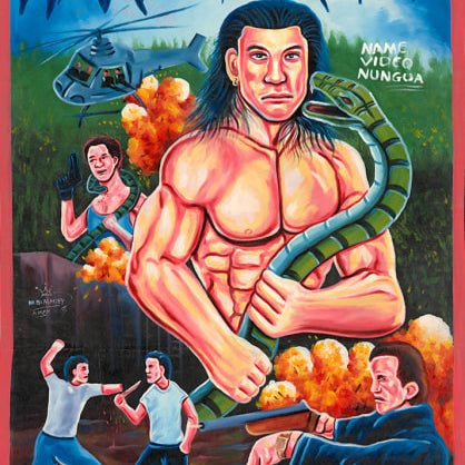 A muscular, long-haired man stands shirtless holding a giant snake amid explosions, helicopters, and fighting men. Bold "Deadly Prey" text tops this colorful oil and enamel painting in classic exhibition poster style.