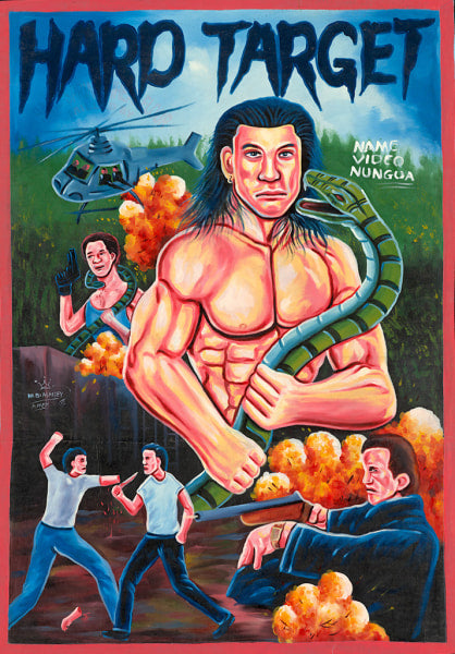 A muscular, long-haired man stands shirtless holding a giant snake amid explosions, helicopters, and fighting men. Bold "Deadly Prey" text tops this colorful oil and enamel painting in classic exhibition poster style.