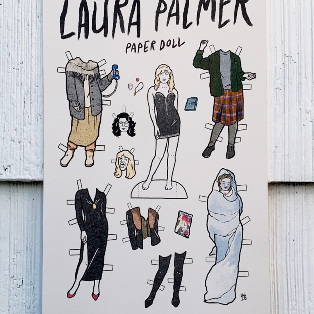 A vibrant risograph print by Brighton Ballard featuring a headless Laura Palmer paper doll with outfits and accessories—dresses, boots, a towel, and plastic wrap—illustrated on a white background.