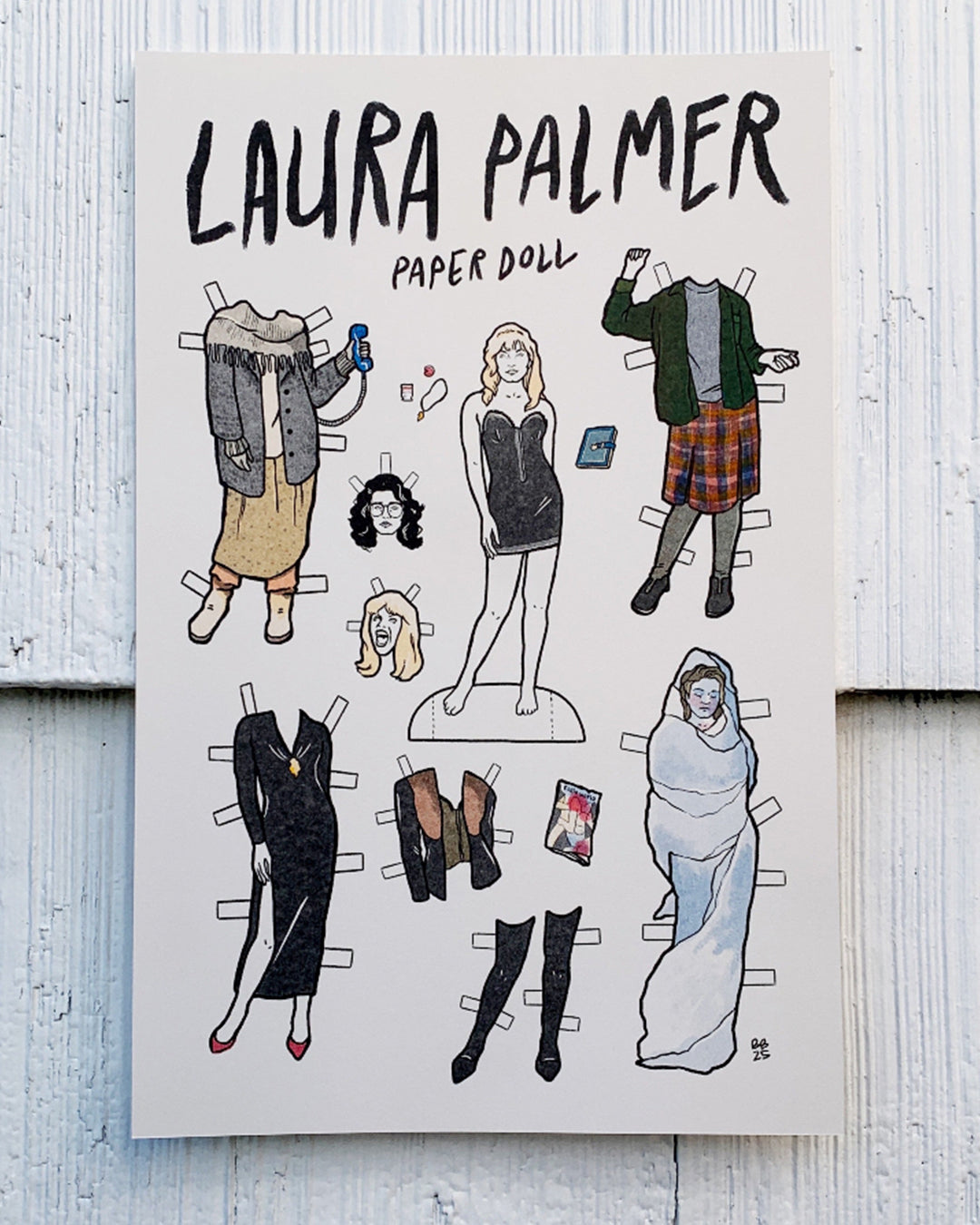 A vibrant risograph print by Brighton Ballard featuring a headless Laura Palmer paper doll with outfits and accessories—dresses, boots, a towel, and plastic wrap—illustrated on a white background.