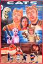 A surreal Deadly Prey movie poster shows human-cat hybrids with fierce looks, one armed, a skull-faced figure, mice bands, and a giant cat attacking an oil and enamel painting. The title reads CATS.