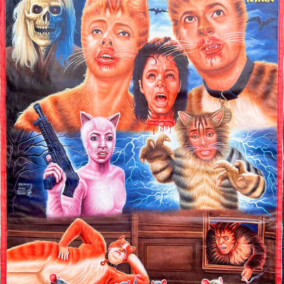 A surreal Deadly Prey movie poster shows human-cat hybrids with fierce looks, one armed, a skull-faced figure, mice bands, and a giant cat attacking an oil and enamel painting. The title reads CATS.