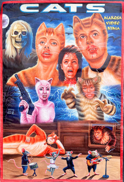 A surreal Deadly Prey movie poster shows human-cat hybrids with fierce looks, one armed, a skull-faced figure, mice bands, and a giant cat attacking an oil and enamel painting. The title reads CATS.