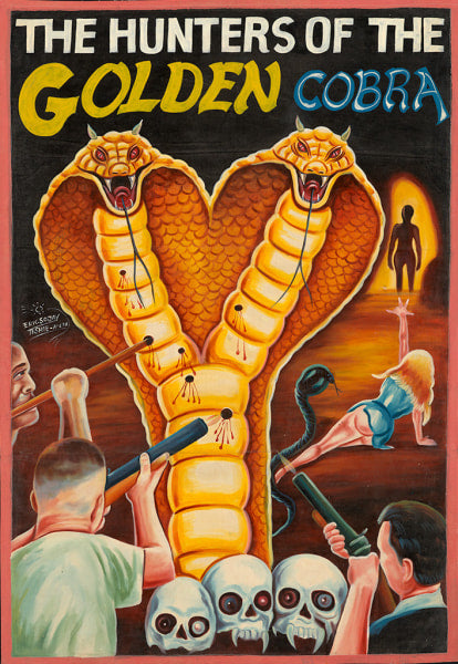 A dramatic Deadly Prey poster shows two giant cobras facing three armed people; Eric Sojay’s art includes skulls and a black snake below, with figures in a cave.