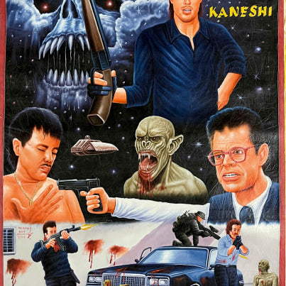 A Deadly Prey poster of a movie in oil and enamel painting style by Mr. Nana Abyq, featured in the Deadly Prey exhibition.