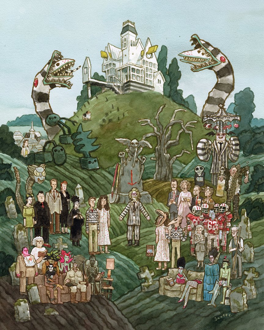 A whimsical Scott C. watercolor illustration on paper of Beetlejuice characters, with quirky figures, striped sandworms, and a spooky hilltop house surrounded by tombstones and trees.