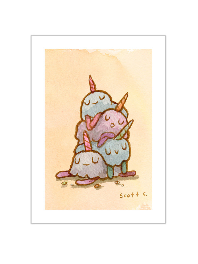 Unicorn Stack by Scott C. is a watercolor illustration of three sleepy, ice cream-like unicorns with colorful horns, stacked on a soft beige background. Available as an archival pigment print.