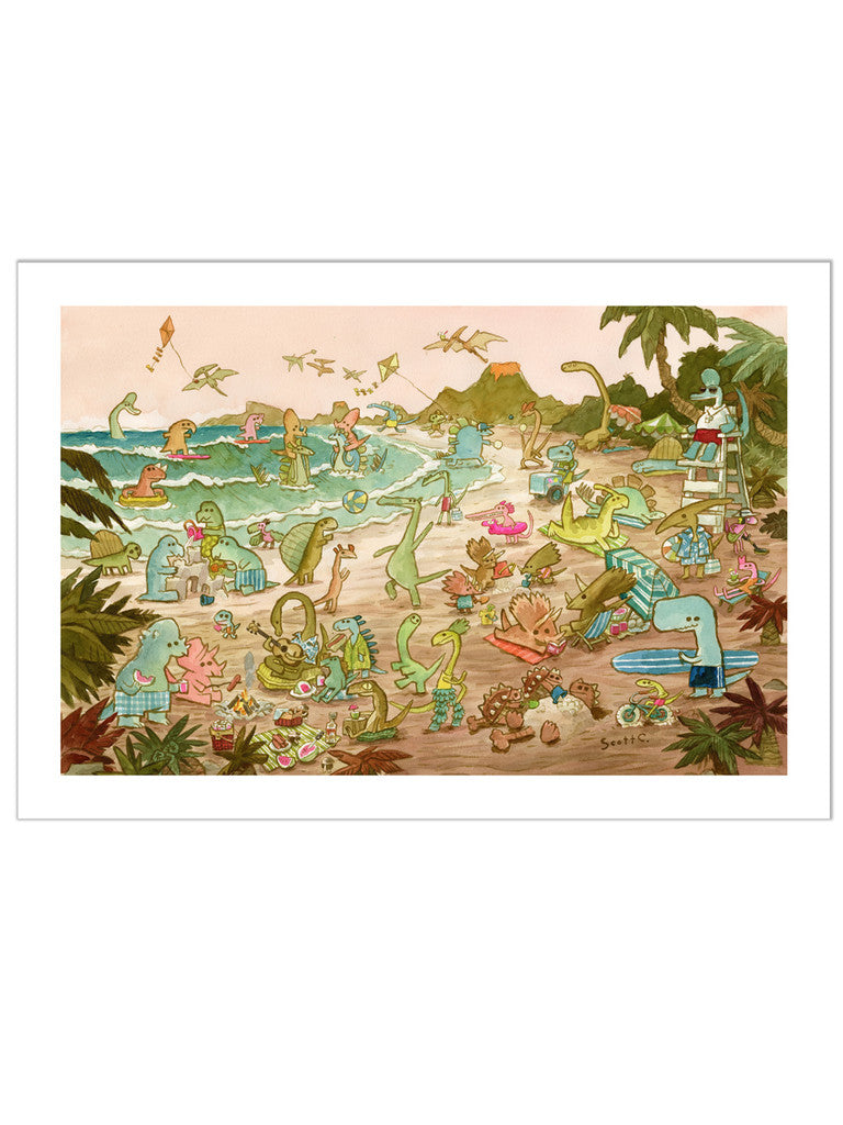 Cartoon dinosaurs enjoy swimming, surfing, and building sandcastles at Dinosaur Beach in this vibrant Archival Pigment Print by Scott C., featuring palm trees, mountains, and playful whimsy true to the brand’s signature style.