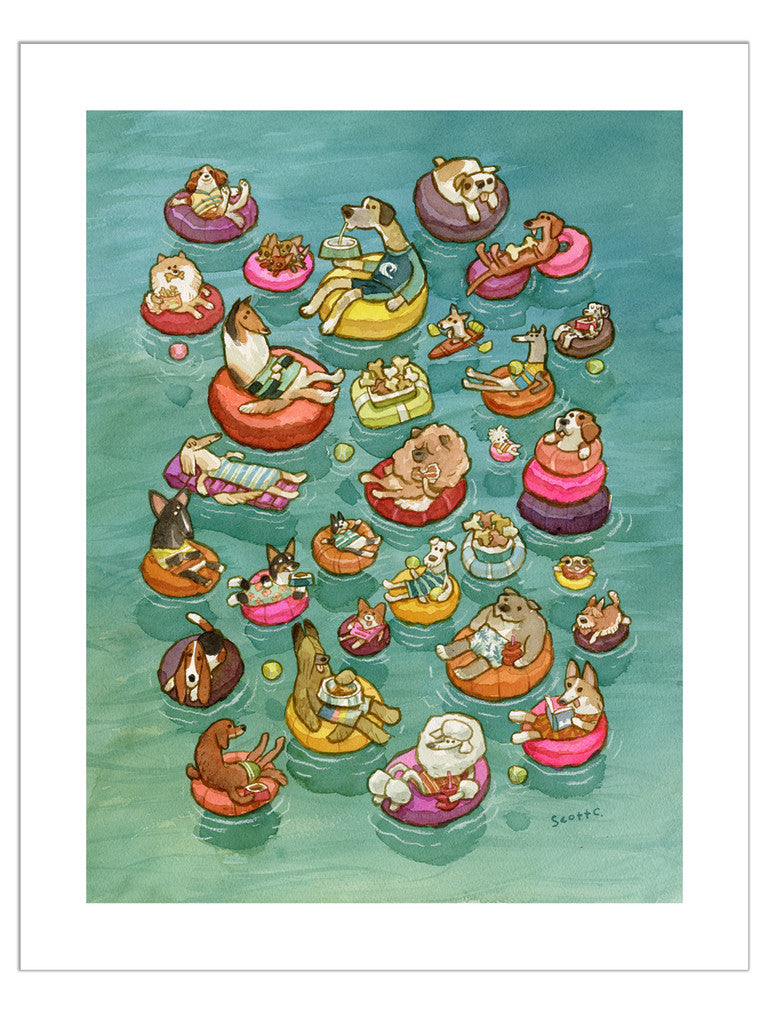This cheerful archival pigment print by Scott C. shows Tubing Dogs relaxing on colorful pool floats, snacking and playing on blue-green water. Signed and numbered by the artist.