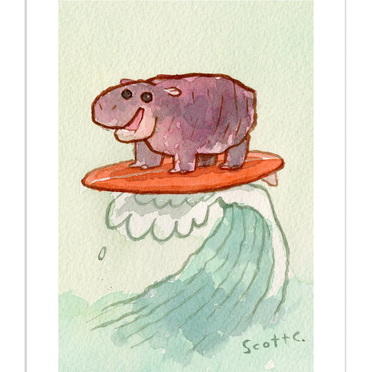A playful watercolor by Scott C. shows a cheerful purple hippo surfing on an orange board. This archival pigment print is signed and numbered, featuring the artist’s “Scotte” signature at the bottom.