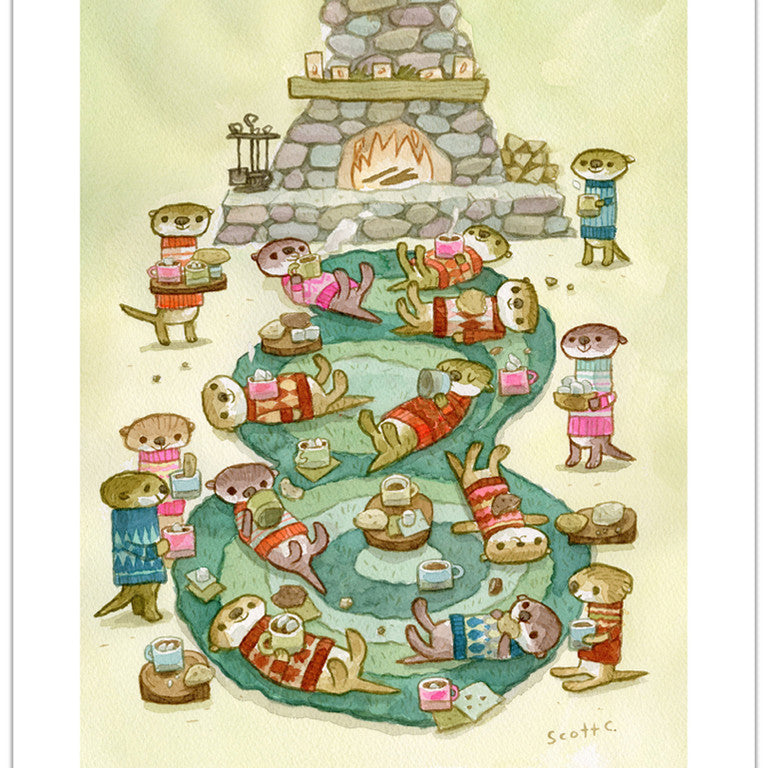 Cozy otters in sweaters sip cocoa by a stone fireplace and winding river in this warm, cheerful scene. Available as a signed and numbered archival pigment print from Scott C.