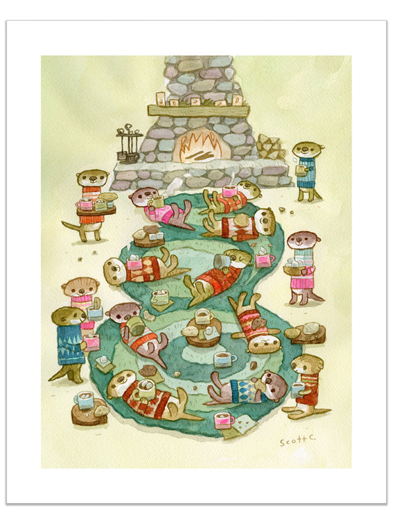 Cozy otters in sweaters sip cocoa by a stone fireplace and winding river in this warm, cheerful scene. Available as a signed and numbered archival pigment print from Scott C.